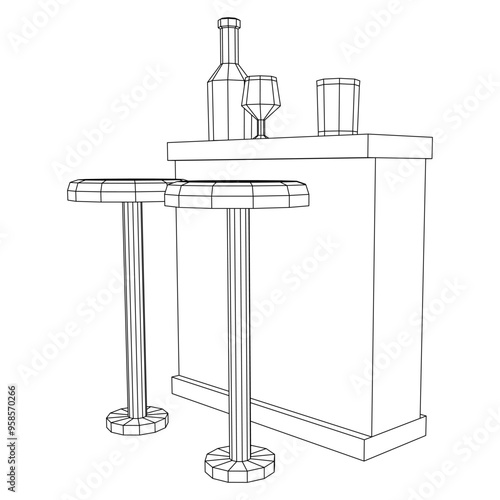 Bar counter with stools, bar top with bottles and glasses. Wireframe low poly mesh vector illustration.