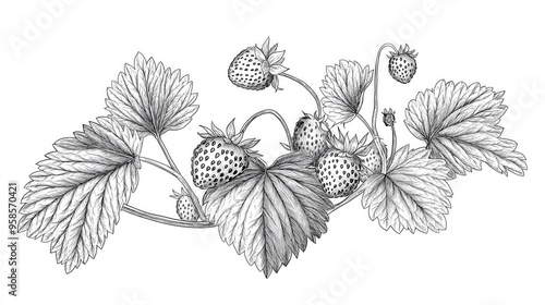 A black and white detailed drawing of a strawberry plant with leaves and ripe strawberries hanging from the vine. The illustration is botanical and realistic.