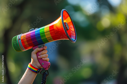 megaphone lgbt, Pride Month events. voice of minorities. gays and lesbians demand rights and protection. protest against homophobia. violence, rally, society, vulnerable group of the population
