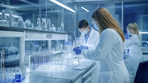 Scientists in a modern lab conducting research, with test tubes and advanced equipment, symbolizing scientific discovery and technological advancement.