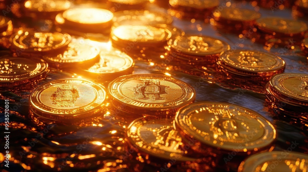 A close-up view of shining coins reflecting golden light, symbolizing wealth and prosperity in a serene setting. A close-up view of shining coins reflecting golden light, symbolizing wealth and prosperity in a serene setting.