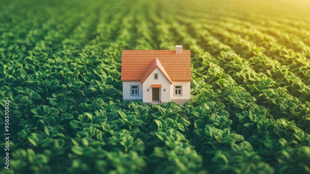 Fototapeta premium A quaint house nestled amidst lush green fields, symbolizing harmony between nature and home.