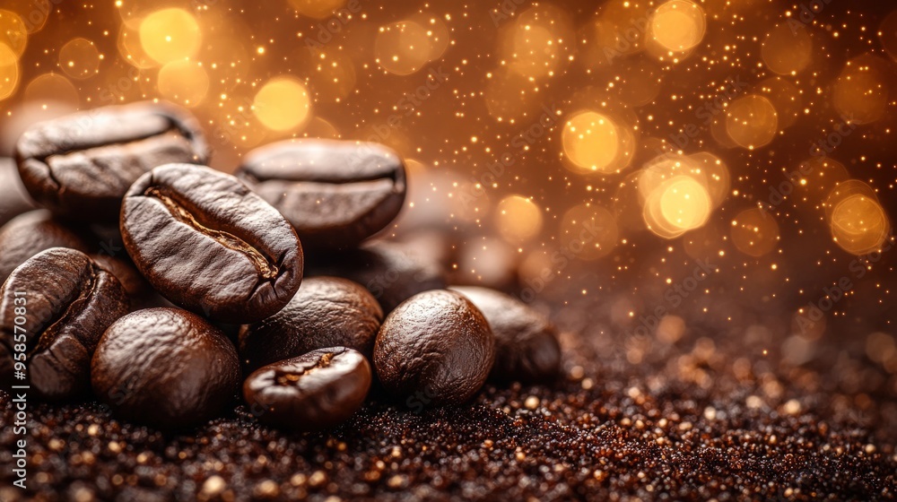 Close-up of roasted coffee beans on a bed of ground coffee with a bokeh background. Close-up of roasted coffee beans on a bed of ground coffee with a bokeh background.