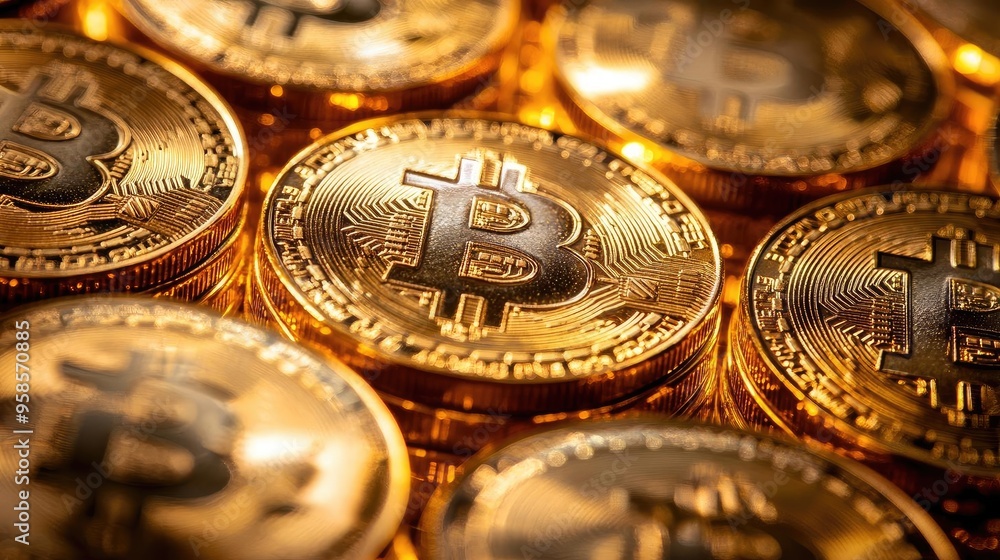Close-up of shiny Bitcoin coins stacked together, showcasing the intricate details of cryptocurrency investment and digital finance. Close-up of shiny Bitcoin coins stacked together, showcasing the intricate details of cryptocurrency investment and digital finance.