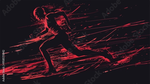 Young Woman Athlete Running Fast on Dark Background