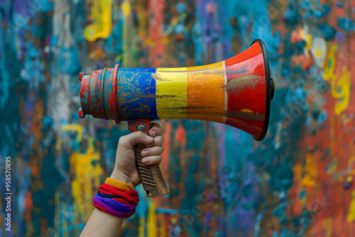 megaphone lgbt, Pride Month events. voice of minorities. gays and lesbians demand rights and protection. protest against homophobia. violence, rally, society, vulnerable group of the population