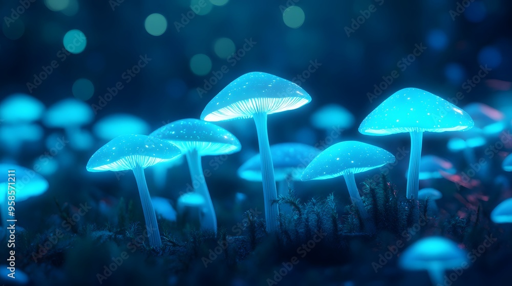 Fototapeta premium A group of blue mushrooms are lit up in the dark