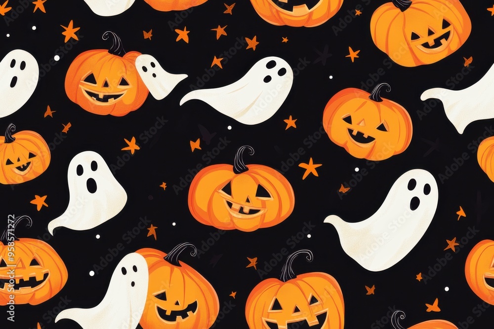 Naklejka premium Halloween seamless pattern featuring smiling pumpkins, cute ghosts, and orange stars on a black background