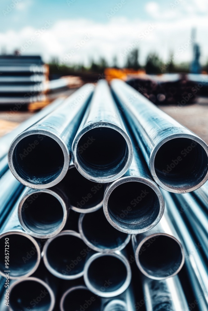 vertical stack of shiny metal pipes at a construction site, industrial development, materials, and infrastructure vertical stack of shiny metal pipes at a construction site, industrial development, materials, and infrastructure