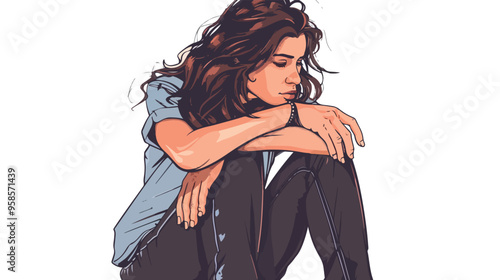 Young Woman in Casual Clothes Sitting and Hugging