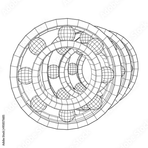 Roller bearing. Circular round rotating bearings used in industry for heavy equipment mechanical work and engineering. Wireframe low poly mesh vector illustration.
