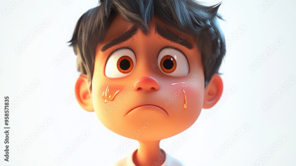 A 3D cartoon character with a frown, tears welling up in their eyes, and a look of sadness, on a white background A 3D cartoon character with a frown, tears welling up in their eyes, and a look of sadness, on a white background