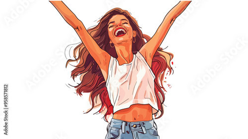 Young Woman Celebrating Success with Arms Up in Casual Attire