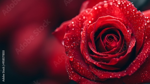 A macro photograph of a rose, water droplets on velvety petals, soft background blur, luxurious and romantic mood, dark, rich hues, cinematic lighting, hyper-realism.