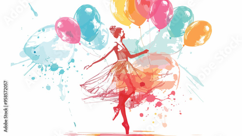 Young Woman in Dress and Ballerinas Dancing with Colorful Background