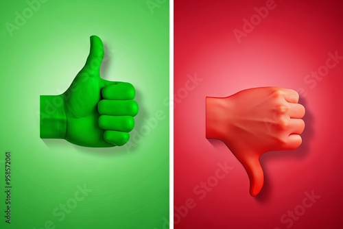 A split-screen image featuring a green thumbs up and a red thumbs down, conveying approval and disapproval, set photo