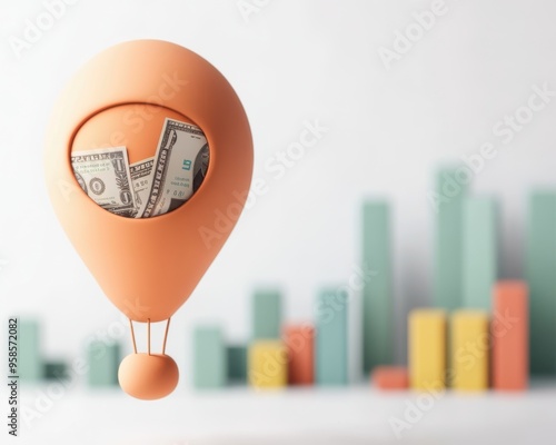 Conceptual image of a hot air balloon with money, representing financial growth with a blurred bar chart in the background.