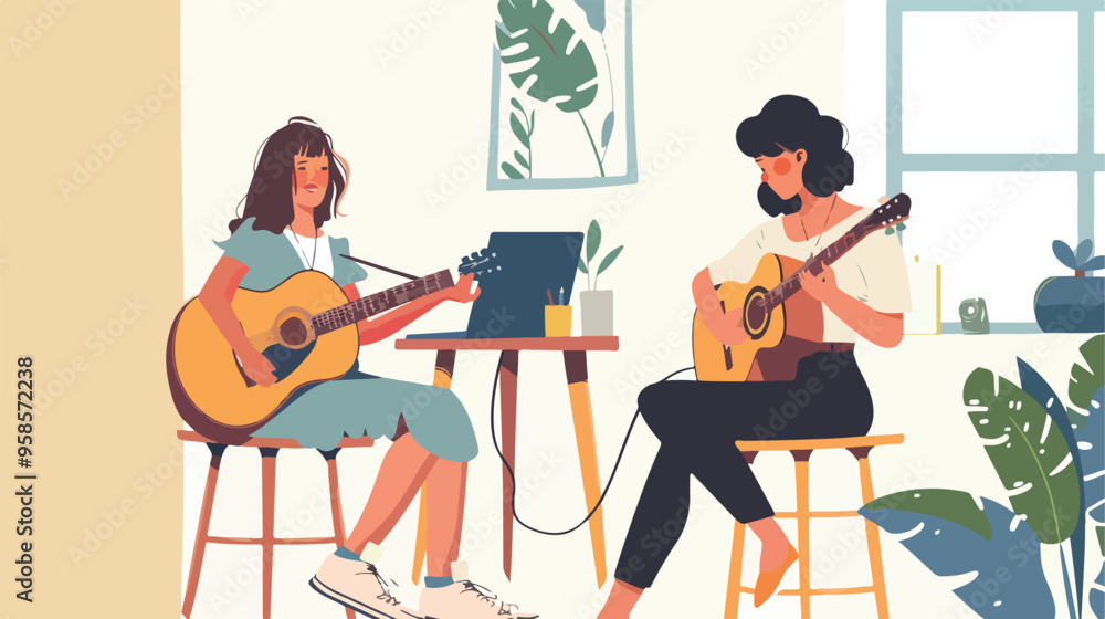 Fototapeta premium Young Woman in Office with Friend Playing Guitar
