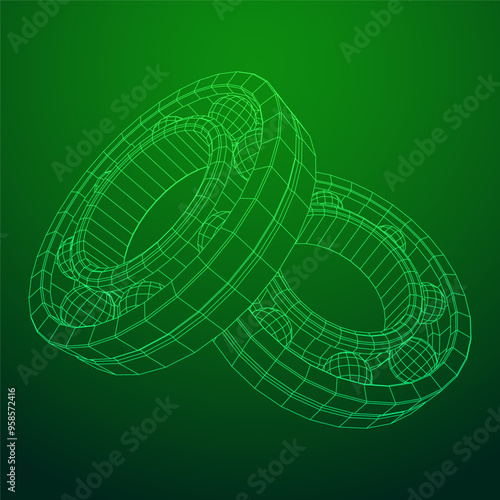 Roller bearing. Circular round rotating bearings used in industry for heavy equipment mechanical work and engineering. Wireframe low poly mesh vector illustration.