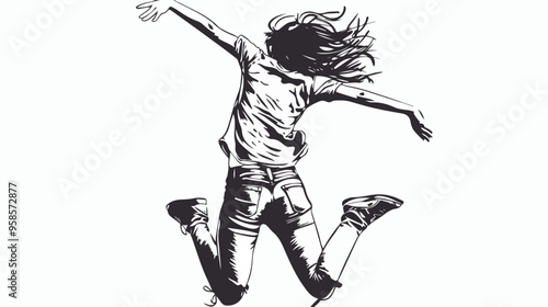 Young Woman Jumping in the Air Hand-drawn Vector Illustration