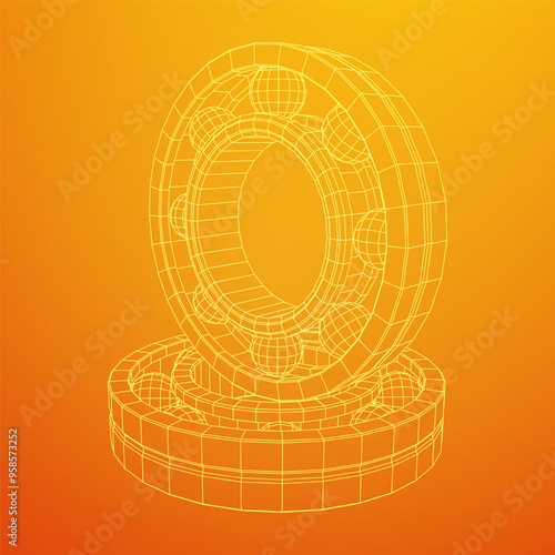 Roller bearing. Circular round rotating bearings used in industry for heavy equipment mechanical work and engineering. Wireframe low poly mesh vector illustration.