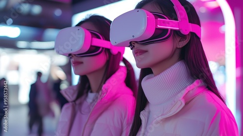 Two Women Wearing White VR Headsets in a Pink Lit Space photo