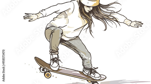 Young Woman Riding Skateboard Hand-drawn Vector Illustration