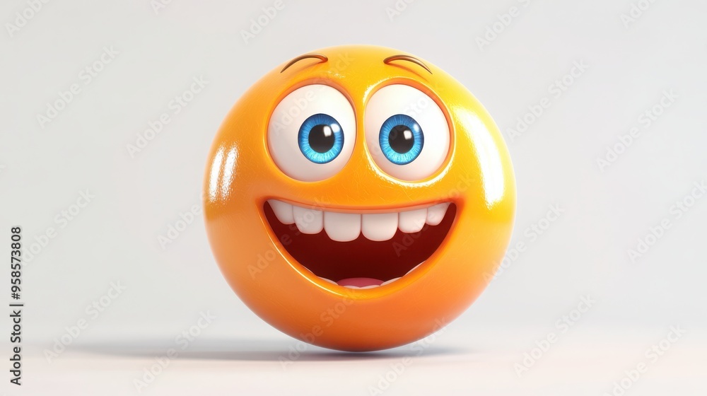 Fototapeta premium A 3D cartoon character with a wide, beaming smile, eyes bright with joy, on a white background 