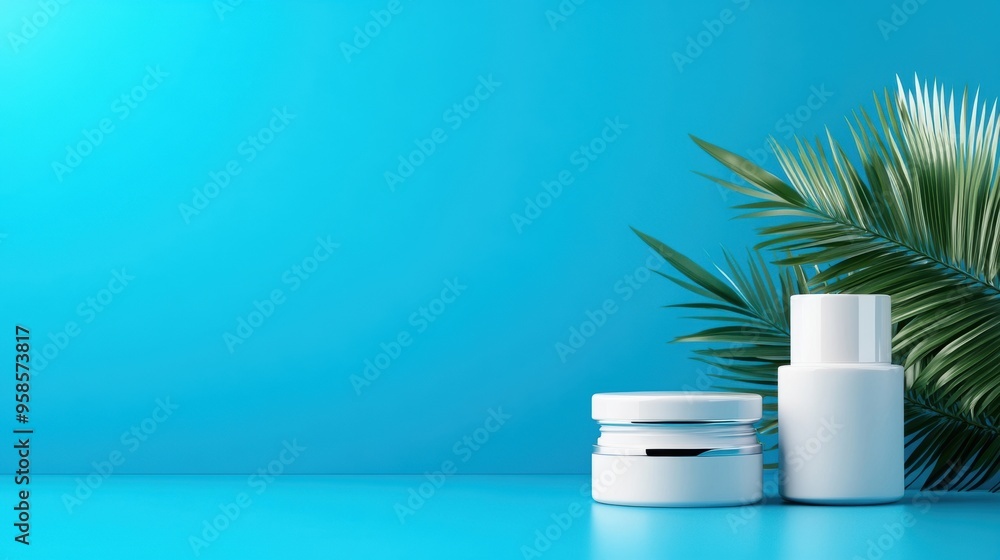 White cosmetic containers on blue, sun rays, palm leaf shadows, flat lay, flat design illustration White cosmetic containers on blue, sun rays, palm leaf shadows, flat lay, flat design illustration