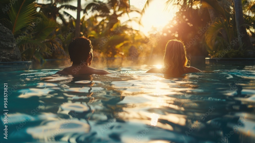 Young couple playing around in luxury resort infinity pool during a vacation, surrounded by Young couple playing around in luxury resort infinity pool during a vacation, surrounded by