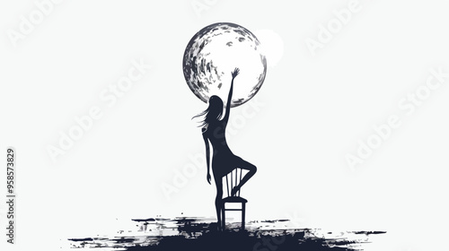 Young Woman Standing on Chair Reaching Moon