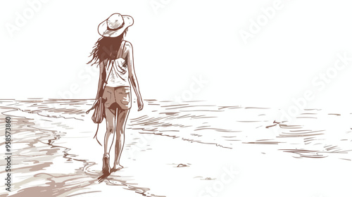 Young Woman Walking Along the Beach Hand-drawn Vector Illustration