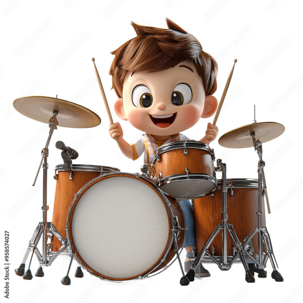 Fototapeta premium Cartoon Boy Playing Drums with Sticks and Cymbals