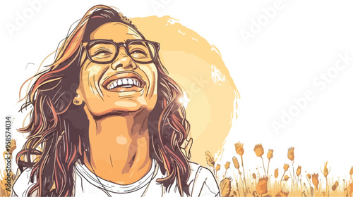 Happy Young Woman with Glasses Laughing in Field