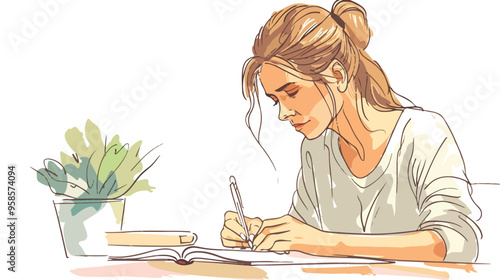 Young Woman Writing in an Agenda at Home or Office