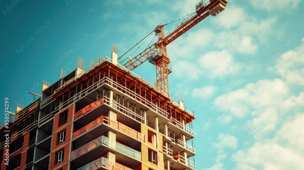 A large building is under construction with a crane on top A large building is under construction with a crane on top