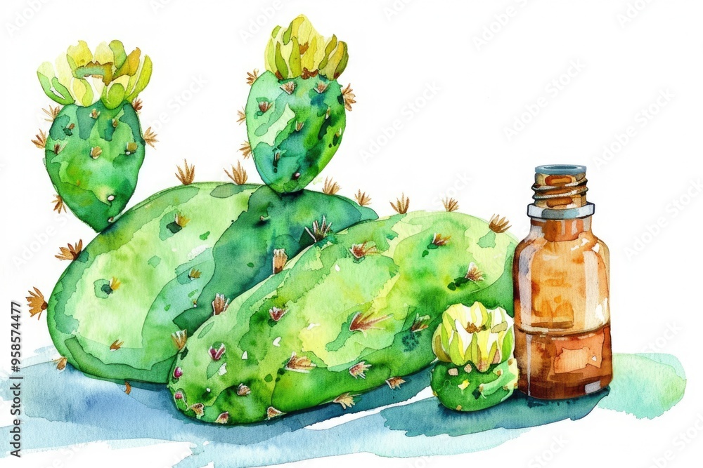 Naklejka premium Vitamin-rich Prickly Pear Seed Oil. Watercolor Painting of Fresh Cactus Fruit with Organic Essential Oil Bottle on White Background