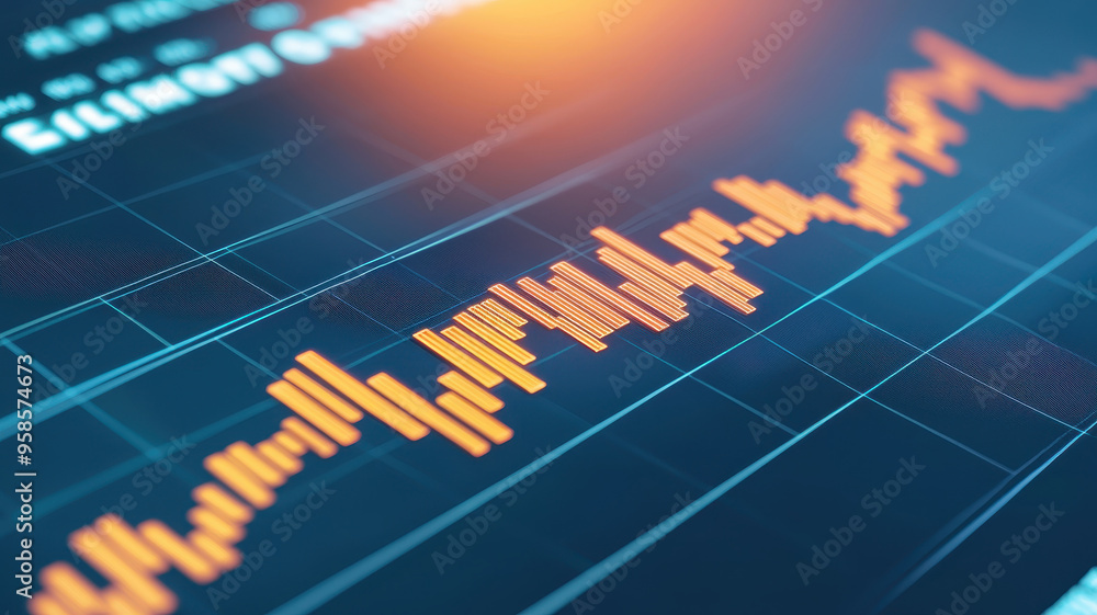 Fototapeta premium Dynamic stock market chart displaying fluctuating orange bars on a digital background, representing financial trends and analysis.