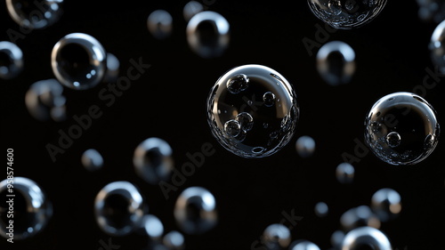 Mesmerizing pattern of floating black bubbles against a dark background