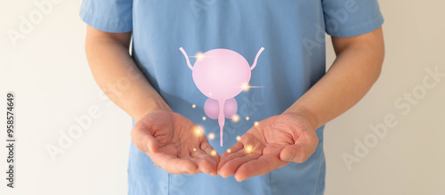 Man holding healthy bladder and prostate gland hologram. Awareness of BPH, prostate cancer, bladder cancer and men health care. Urology and male reproductive concept.