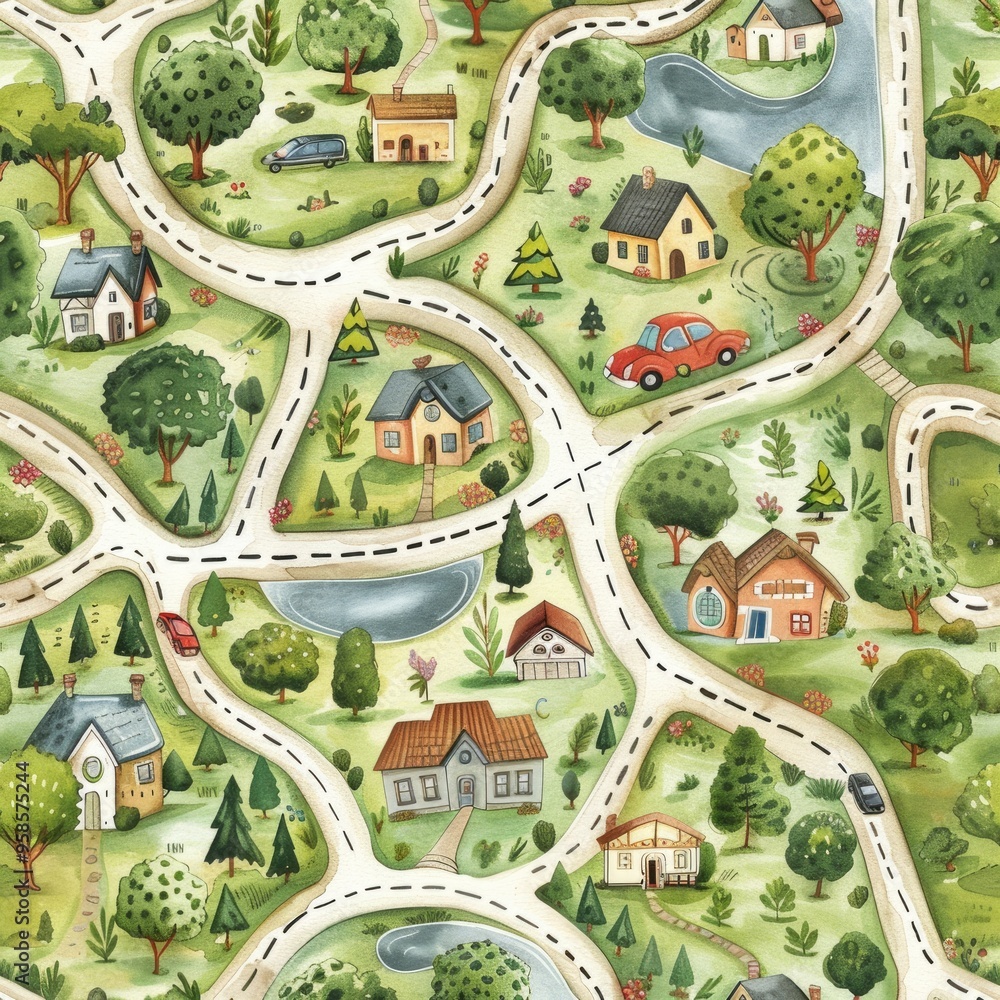 Obraz premium Watercolor Adventure Map with Road, Houses, Lake, and Car. Seamless Pattern for Travel Illustration