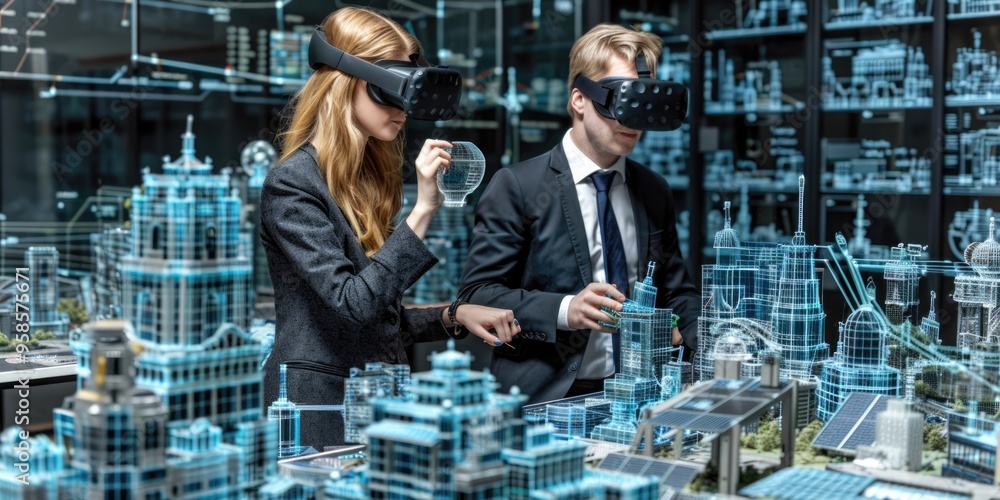 People exploring futuristic city models using virtual reality technology in a tech hub People exploring futuristic city models using virtual reality technology in a tech hub