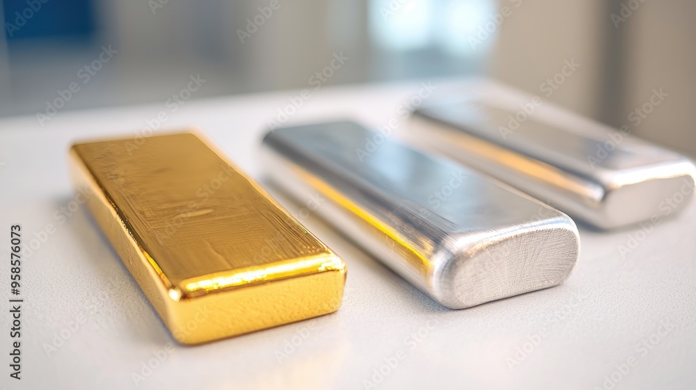 Shiny gold and silver bars displayed elegantly, symbolizing wealth and luxury in a modern setting. Shiny gold and silver bars displayed elegantly, symbolizing wealth and luxury in a modern setting.