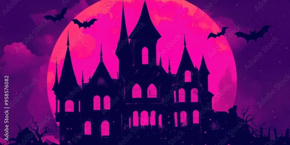 A spooky haunted mansion silhouetted against a glowing full moon in a Halloween night setting
