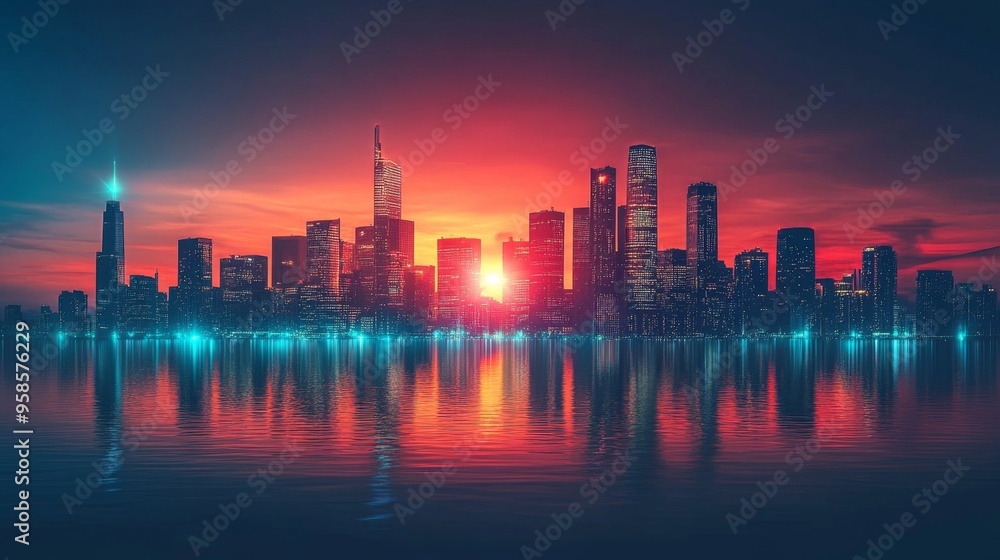 Cityscape Sunset Reflection Over Water Cityscape Sunset Reflection Over Water