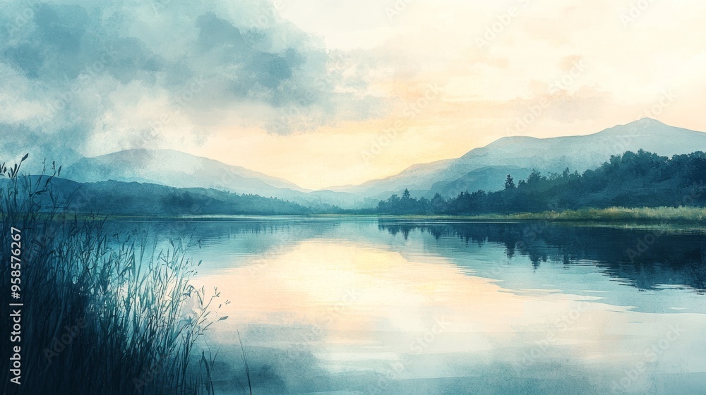 Serene Mountain Lake Sunset Watercolor Painting Serene Mountain Lake Sunset Watercolor Painting