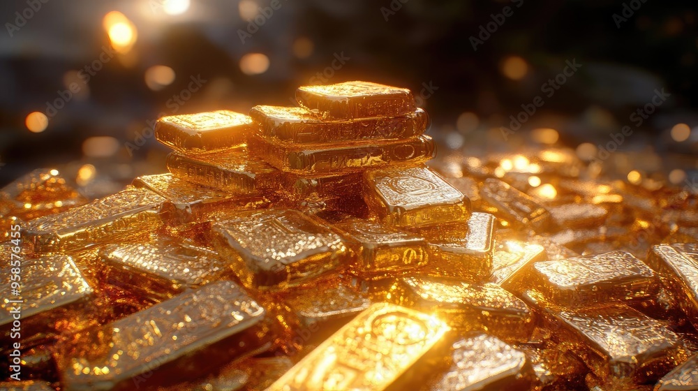 A stunning display of shimmering gold bars stacked high, capturing the essence of wealth and luxury in a beautifully lit setting. A stunning display of shimmering gold bars stacked high, capturing the essence of wealth and luxury in a beautifully lit setting.