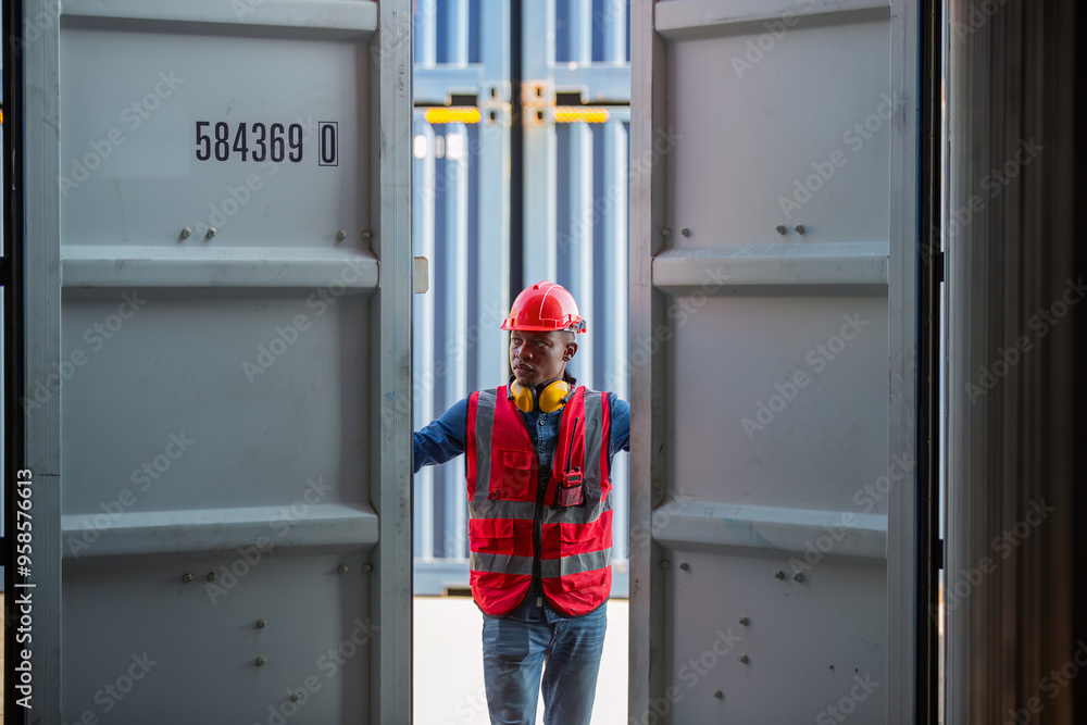 Foreman or worker work at Container cargo site check up goods in container. Foreman or worker checking on shipping containers. Logistics and shipping. Foreman or worker work at Container cargo site check up goods in container. Foreman or worker checking on shipping containers. Logistics and shipping.