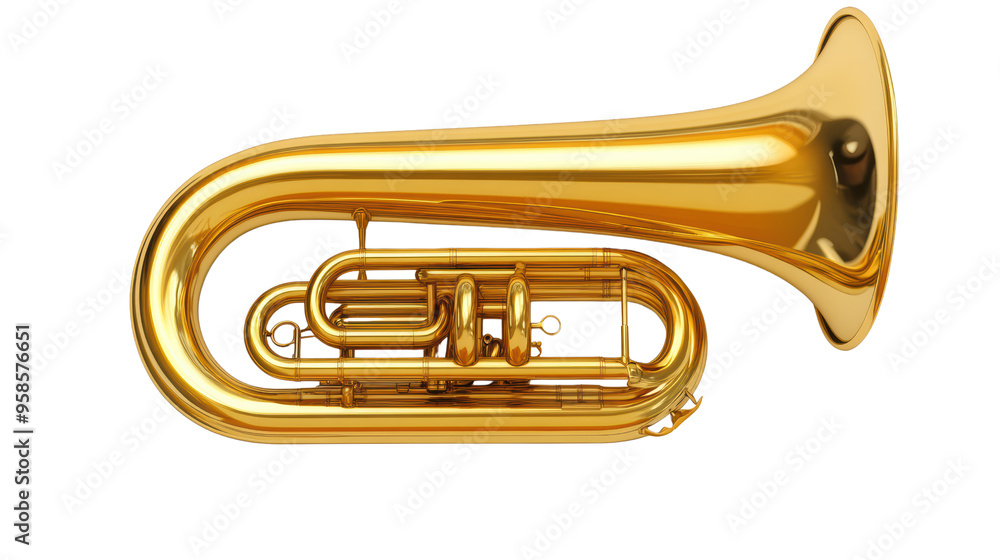 Obraz premium A shiny, gold baritone horn, gleaming against a black background. This instrument exudes a sense of power and musicality, ready to fill the air with its rich sound. 