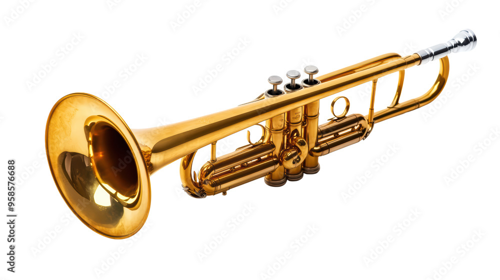 Obraz premium A close-up shot of a bright gold trumpet, isolated on a black background. The image evokes a sense of musicality, sophistication, and the rich history of jazz and classical music. 